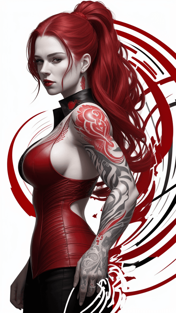 AI generated: A portrait of [a scarlet in a bodyguard outfit], in the style of airbrush art, classic tattoo motifs...