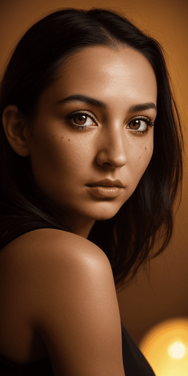 AI generated: (Orange eyes) ((dark black background)) ((face side lit with golden light lamp)) ((She is sincere, f...