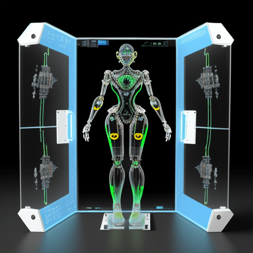 AI generated:  fully transparent robot, concept design, award winning, polycarbonate, pcb, wires, electronics, ful...