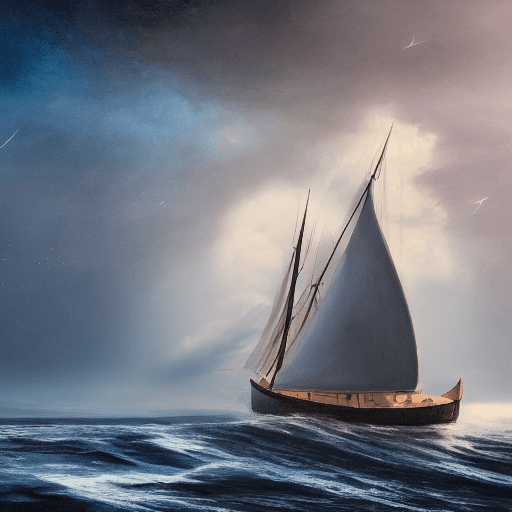 AI generated: A real photographic landscape painting with incomparable reality,Super wide,Ominous sky,Sailing boat...