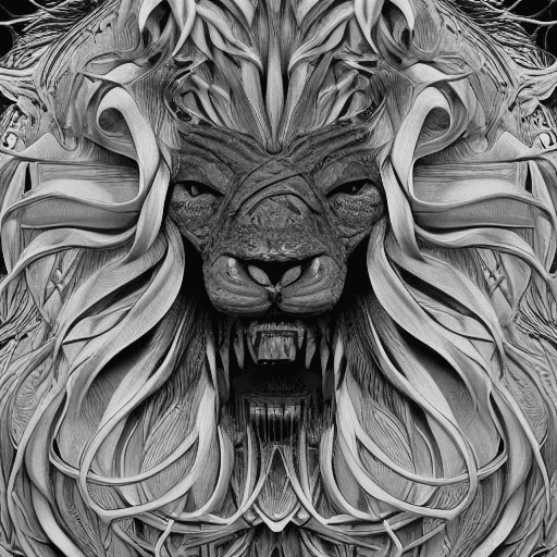 AI generated: Ezekiel 1:1, creature close-up portrait angle, full-length portrait, 4 heads in one, lion head, huma...