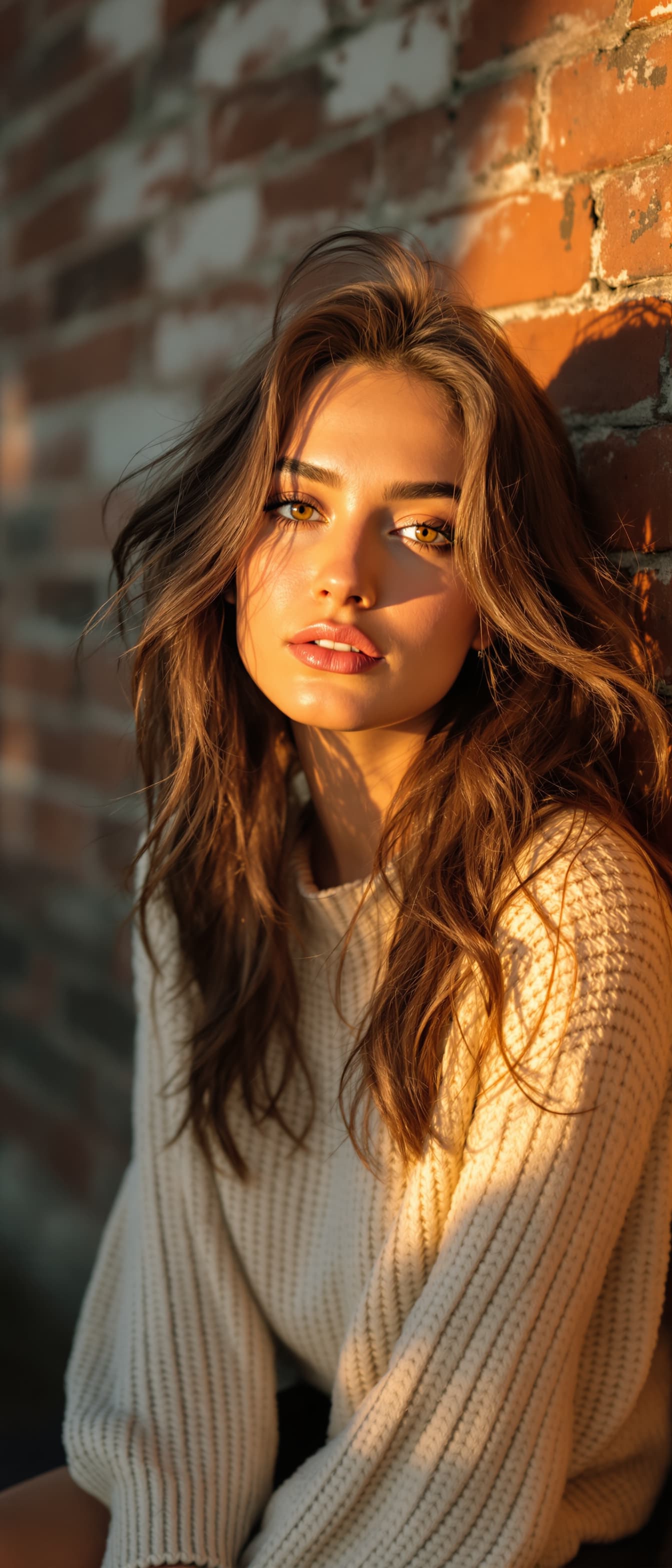 AI generated: "Image is a high resolution golden hour portrait of a model in her early 20' vibrant brunette hair, ...