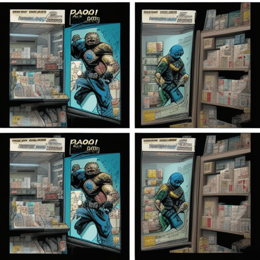 AI generated: Classic 2000ad full-color comic pages with four pictures, the story of pharmacist in pharmacy ar 2:3...