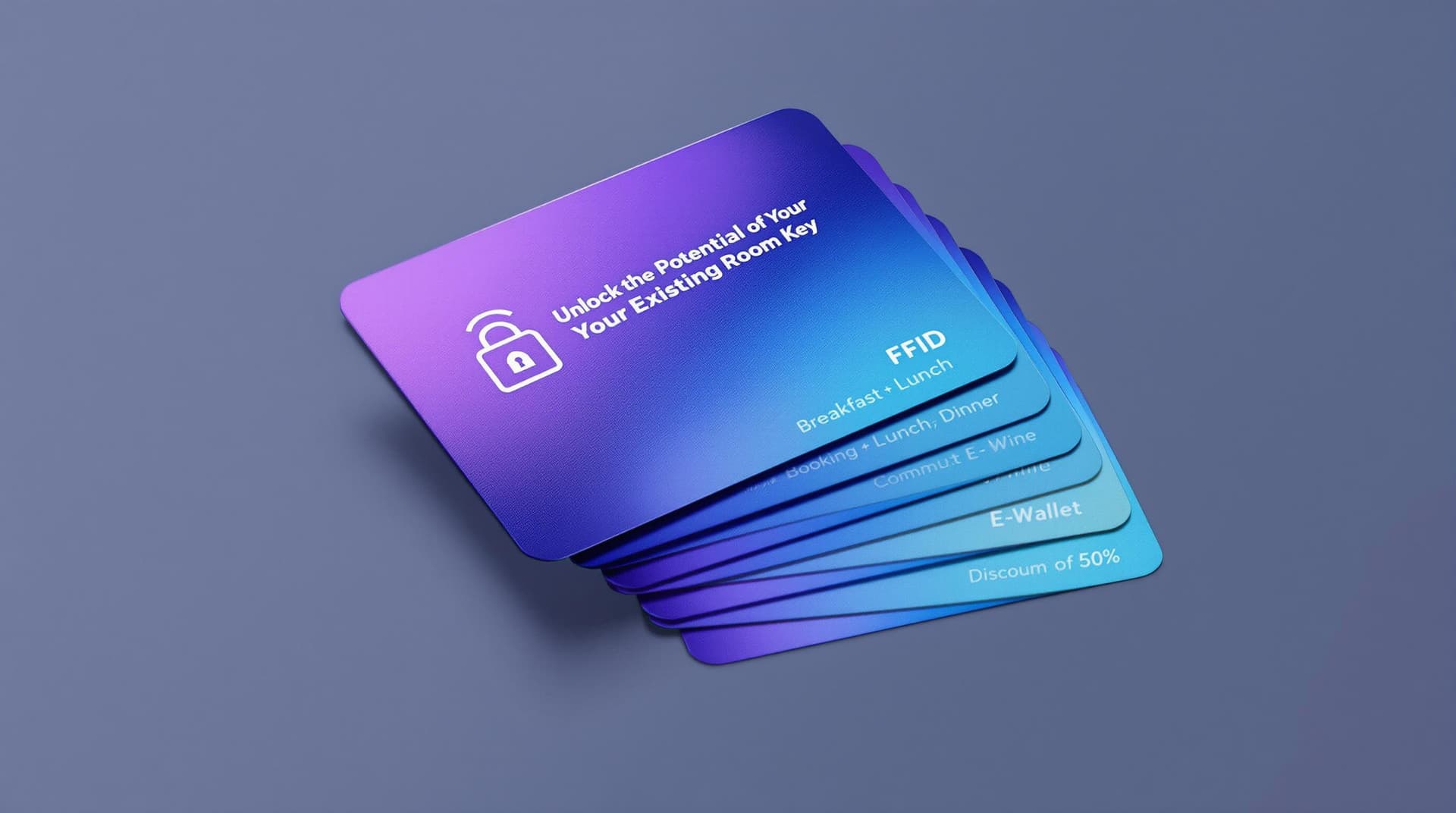 AI generated: **"A structured, clean stack of ultra-thin, glossy RFID hotel room key cards, arranged in a perfect ...