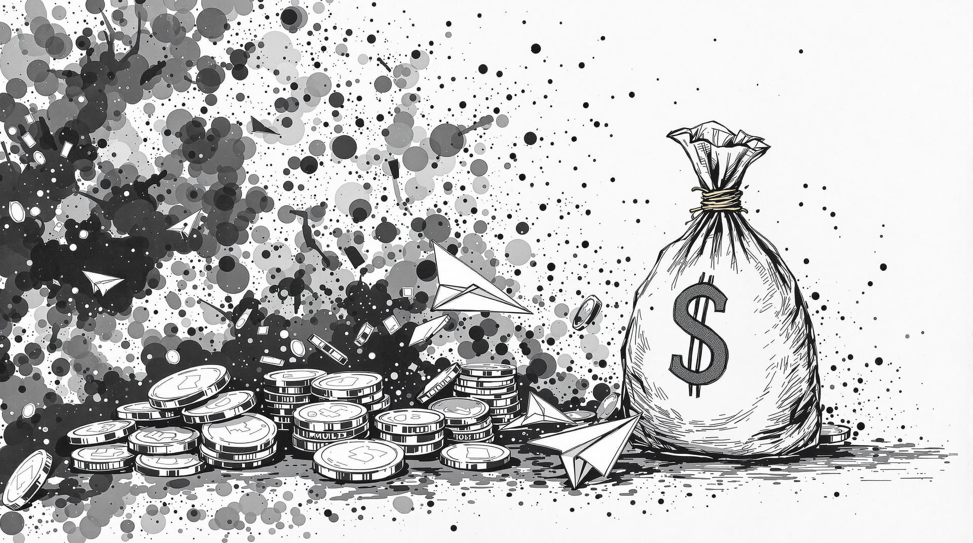AI generated: Coins, money bag, paper airplane, detailed,full-body shots,ink style,Ink splash art on the backgroun...
