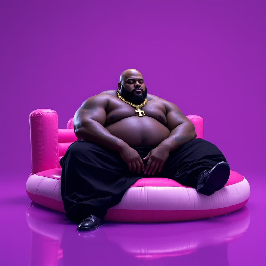 AI generated: dave blunts a big very very fat bald black rapper sat on an inflatable bouncy castle floating on a p...