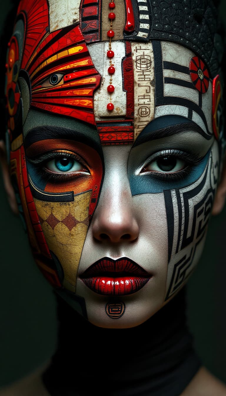 AI generated: 5. An enigmatic, waist-up portrayal of a woman with a face constructed from a patchwork of different...