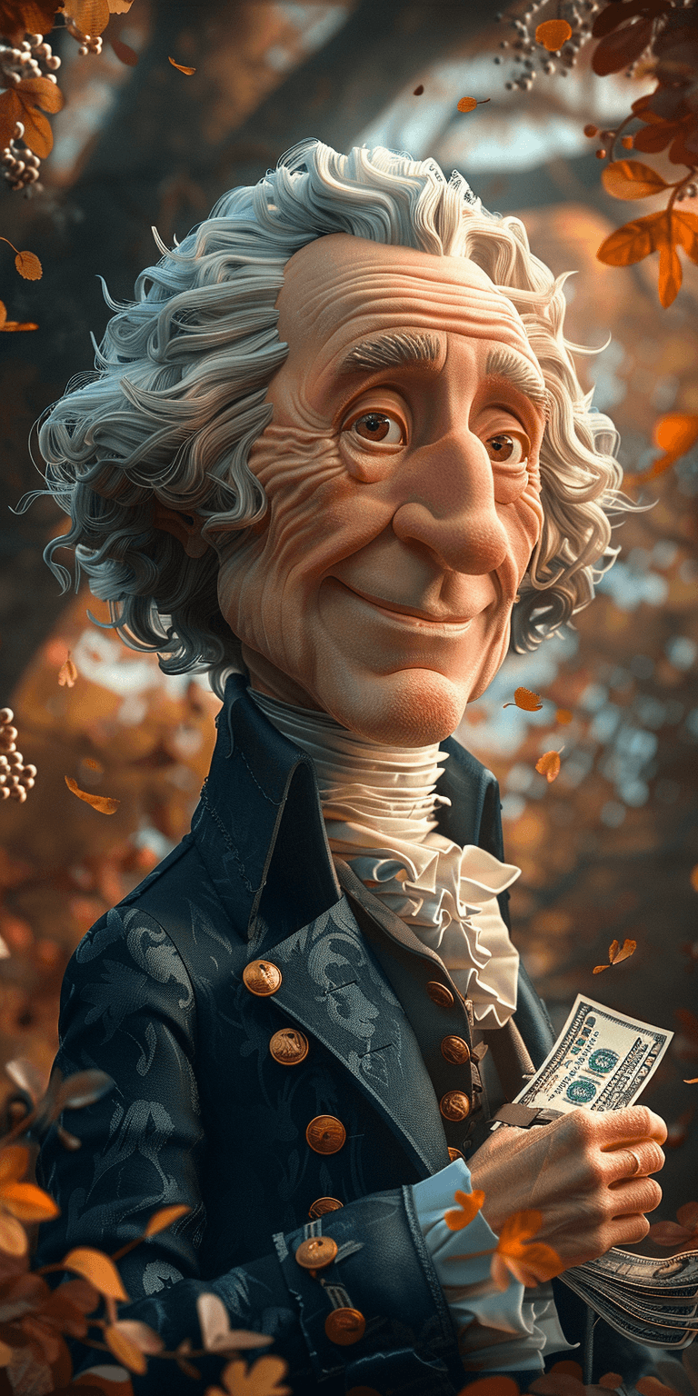 AI generated: Caricature of George Washington, holding dollar bills in his hand in the style of Tiago Hoisel, exag...