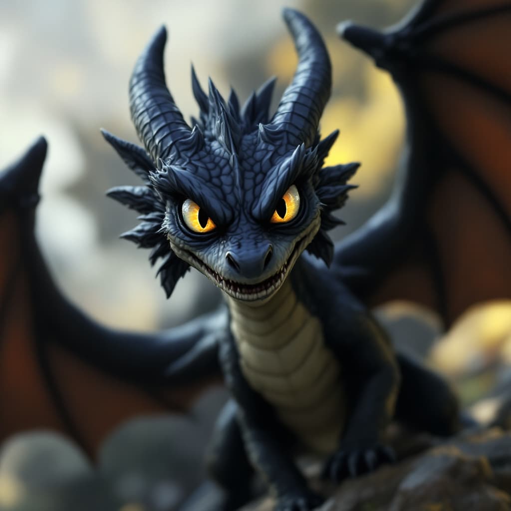 AI generated: dragon black, eyes yellow, big angry one with wings open.