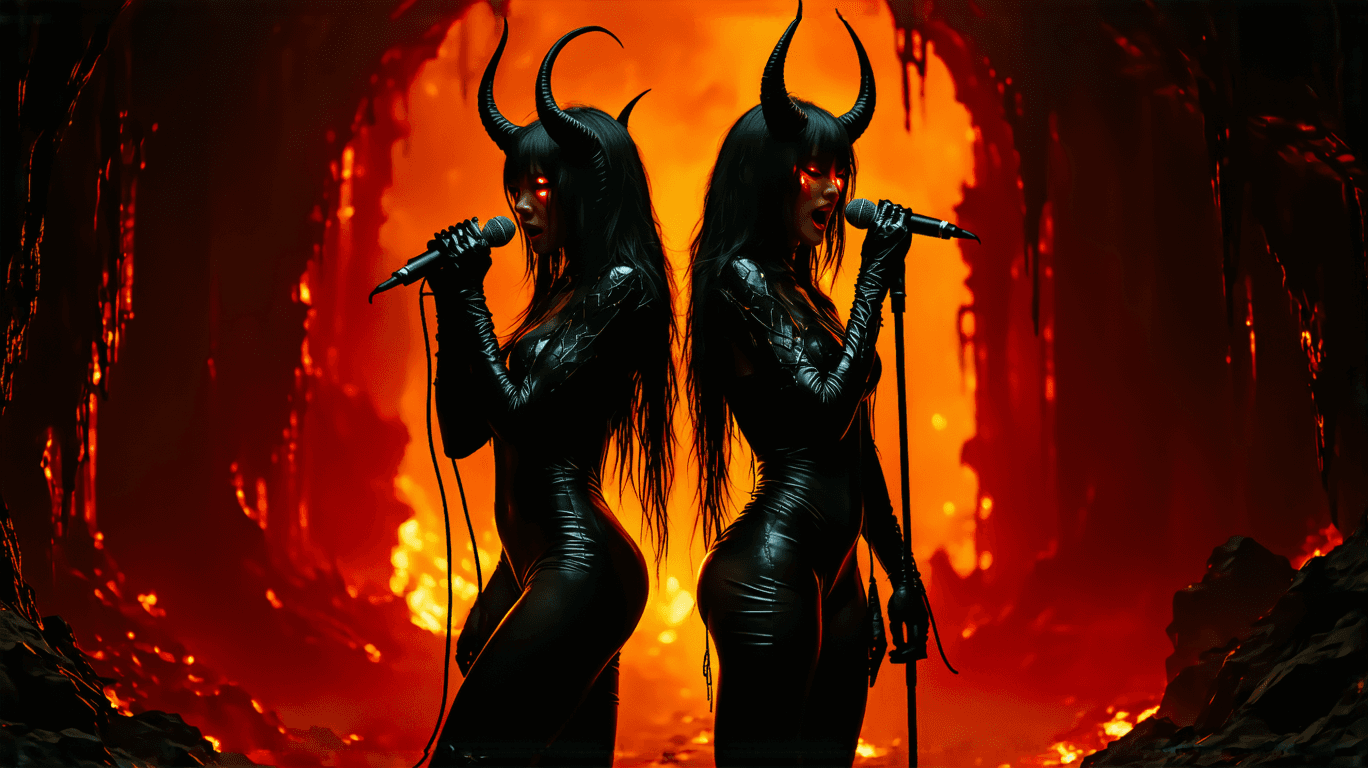 AI generated: portrait of two female red demon, bathed in a warm, golden glow reminiscent of a sunset over a mysti...