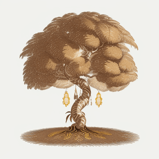 AI generated: drawing of a Brazilian tree, example aroeira, with a golden vision, illuminated with shades of brown...