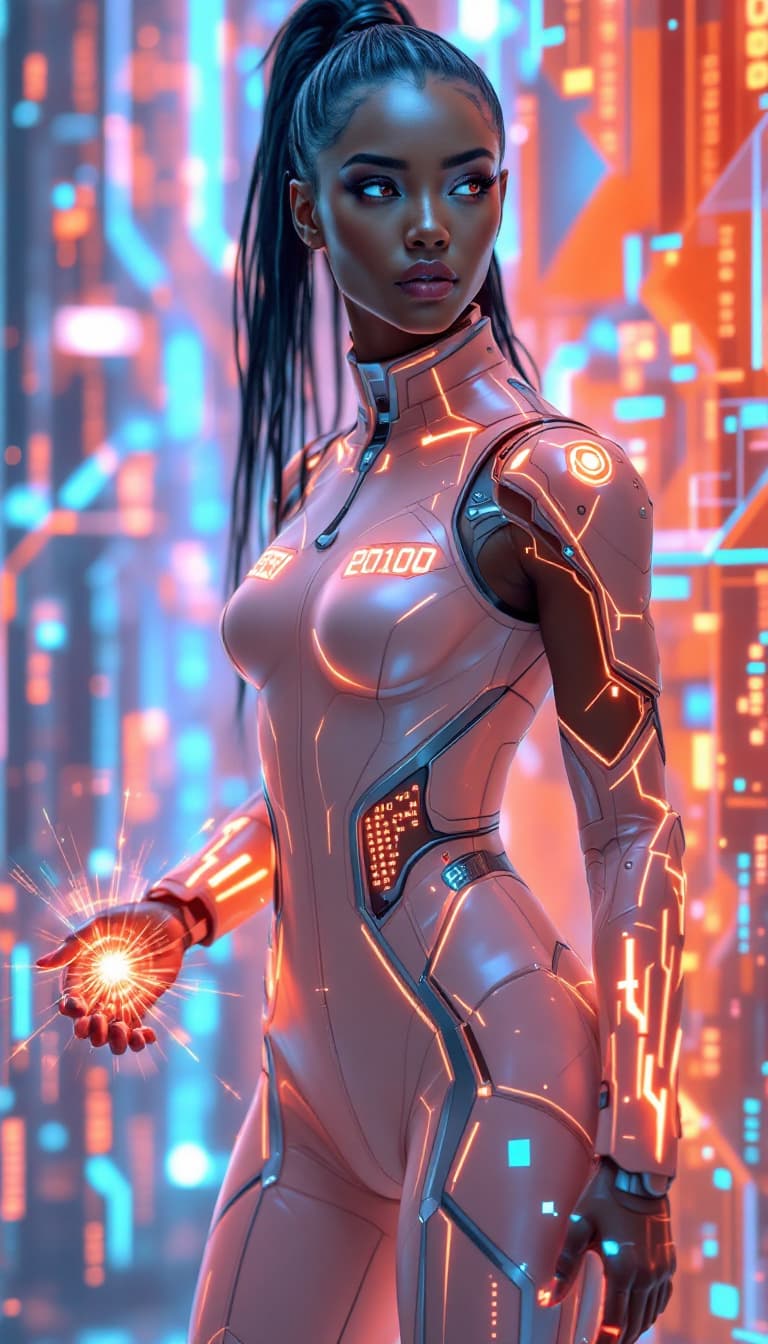 AI generated: An ultra-realistic, full-body action shot of a mesmerizing peach technomancer woman, exuding innovat...