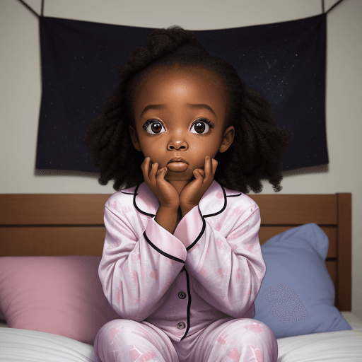AI generated: masterpiece, best quality,a surprised little black girl wearing pajamas on a bed wwith her hand on h...