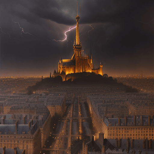 AI generated: Medieval Paris city in drone perspective, storm, lightning night, Renaissance oil on canvas painting...