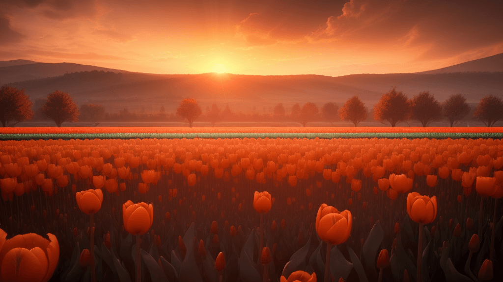 AI generated: Photo of a ultra realistic field of orange tulip flower, dramatic light, pale sunset, 8k, hyper real...