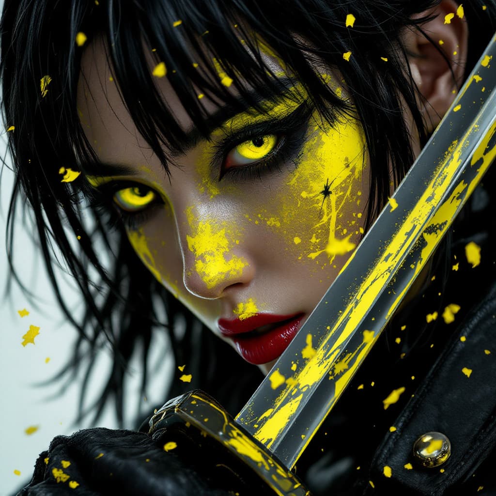 AI generated: Editorial Hinata Hyuuga photography of a gothic punk rebel Japanese [woman] with neon yellow and bla...