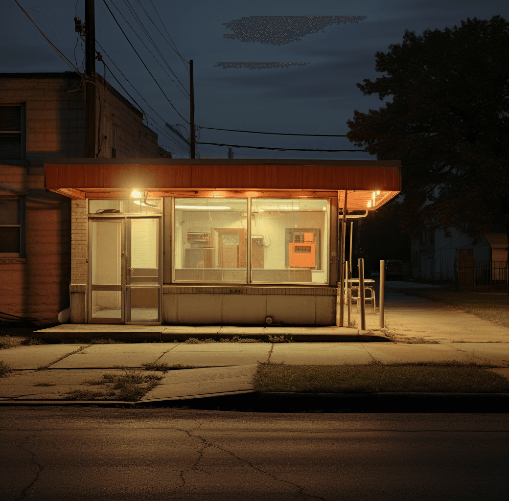 AI generated: A photograph of an empty restaurant exterior at night, in the middle distance is a small container o...