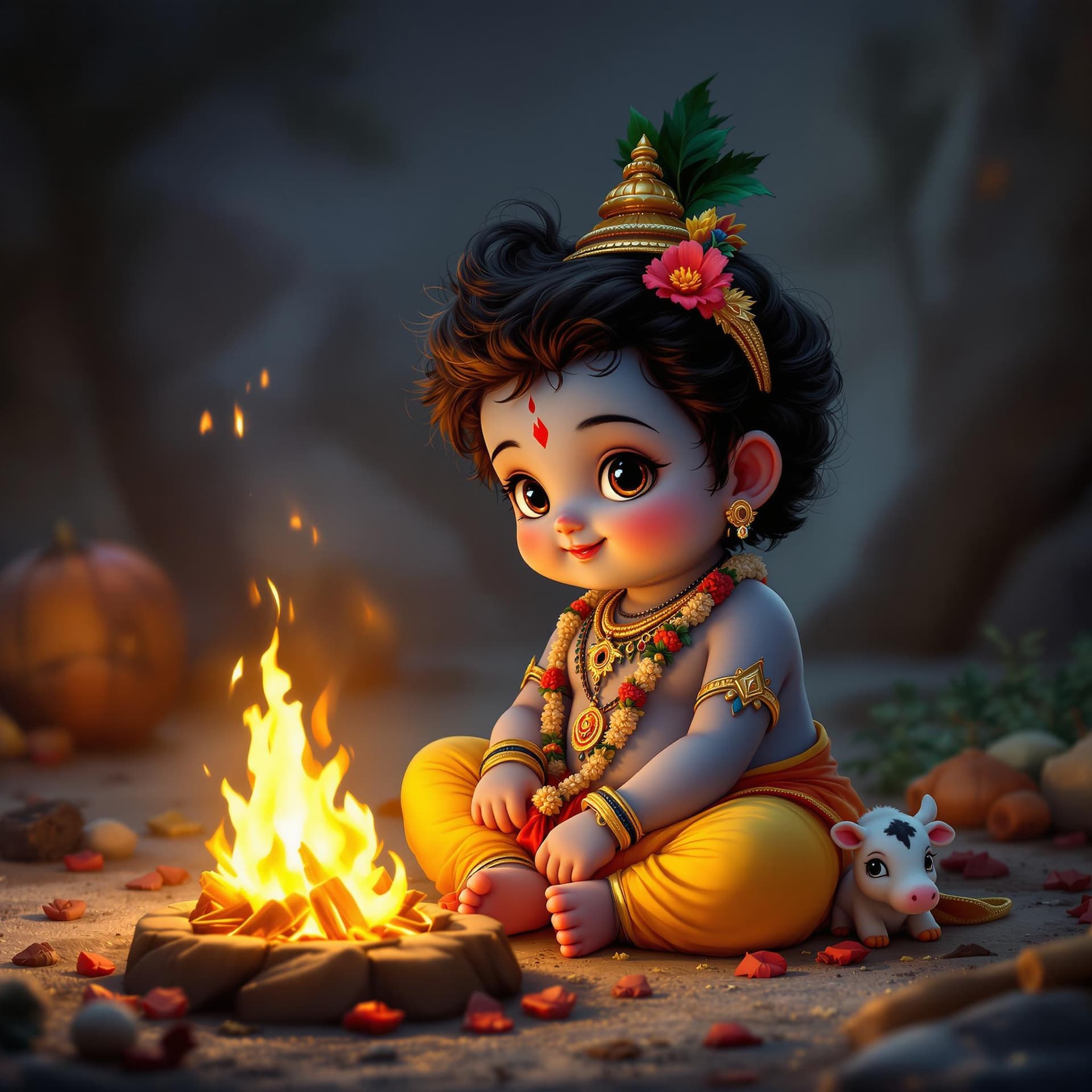AI generated: Arafed image of a cute little Krishna sitting in front of a fire with little cow