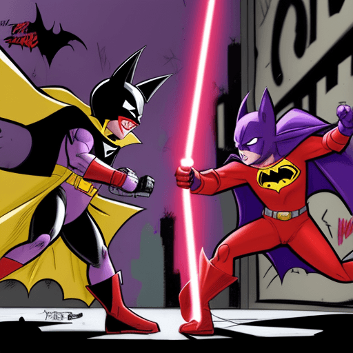 AI generated: red power ranger with bat ears and a yellow cape versus a purple power ranger with bat ears and red ...