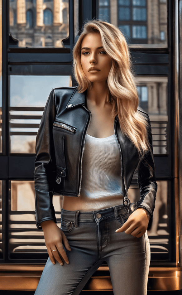 AI generated: a realistic photo of a young blonde Texan girl in extremely thin and soft jeans and black leather ja...