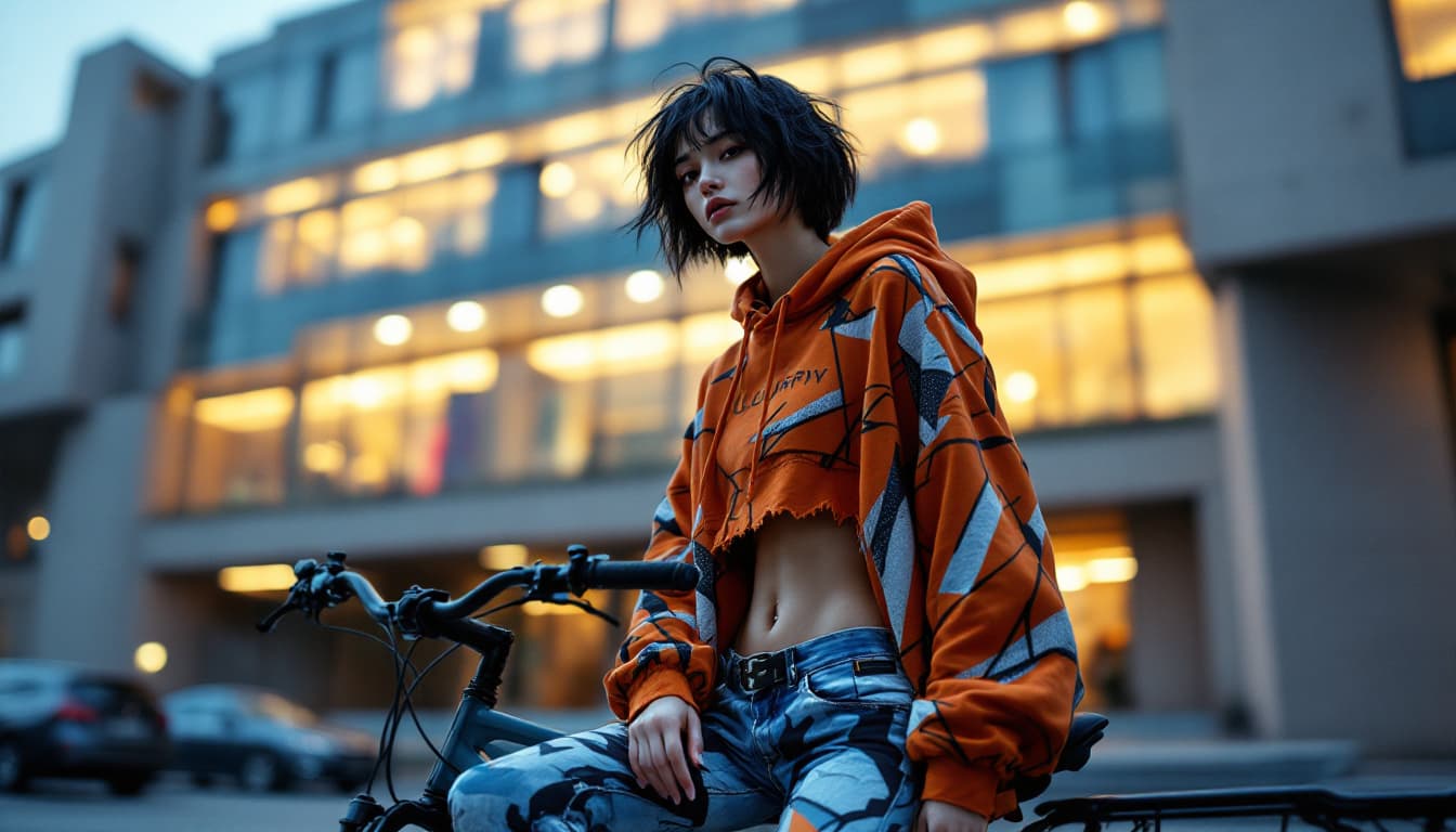 AI generated: High fashion photo of a slim, small breast, flat chest, abs, young asian female supermodel, with sho...