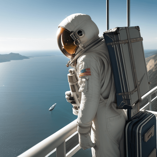 AI generated: An astronaut watches the sea view from a high hill with his suitcase in his hand