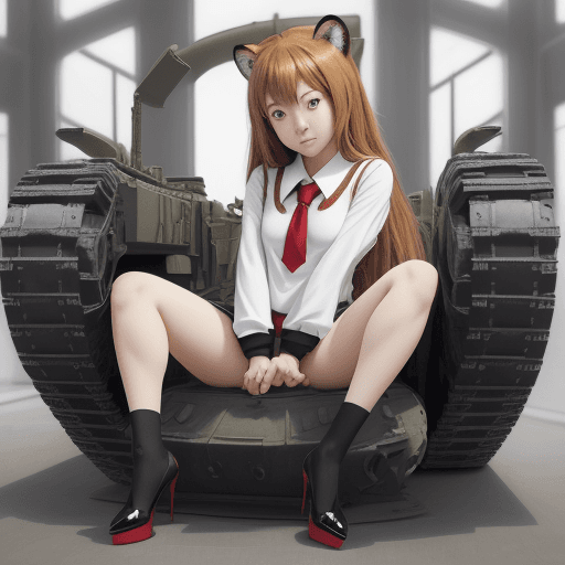 AI generated: masterpiece, taiga aisaka, smug, cute face, anime, anime face, sit on tank, hold, hug, red school un...