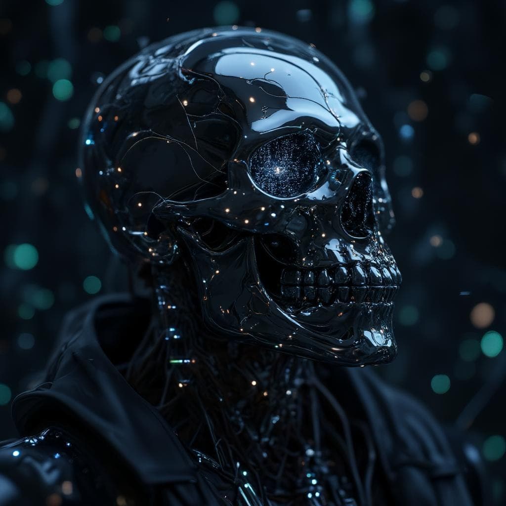 AI generated: A highly detailed, photorealistic rendering of a chrome skull cyborg, intricate mechanical details, ...