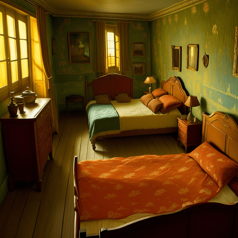 AI generated: Imaginative room with a redish bed in Old French house  during sunset in Van Gogh style. Vivid van G...