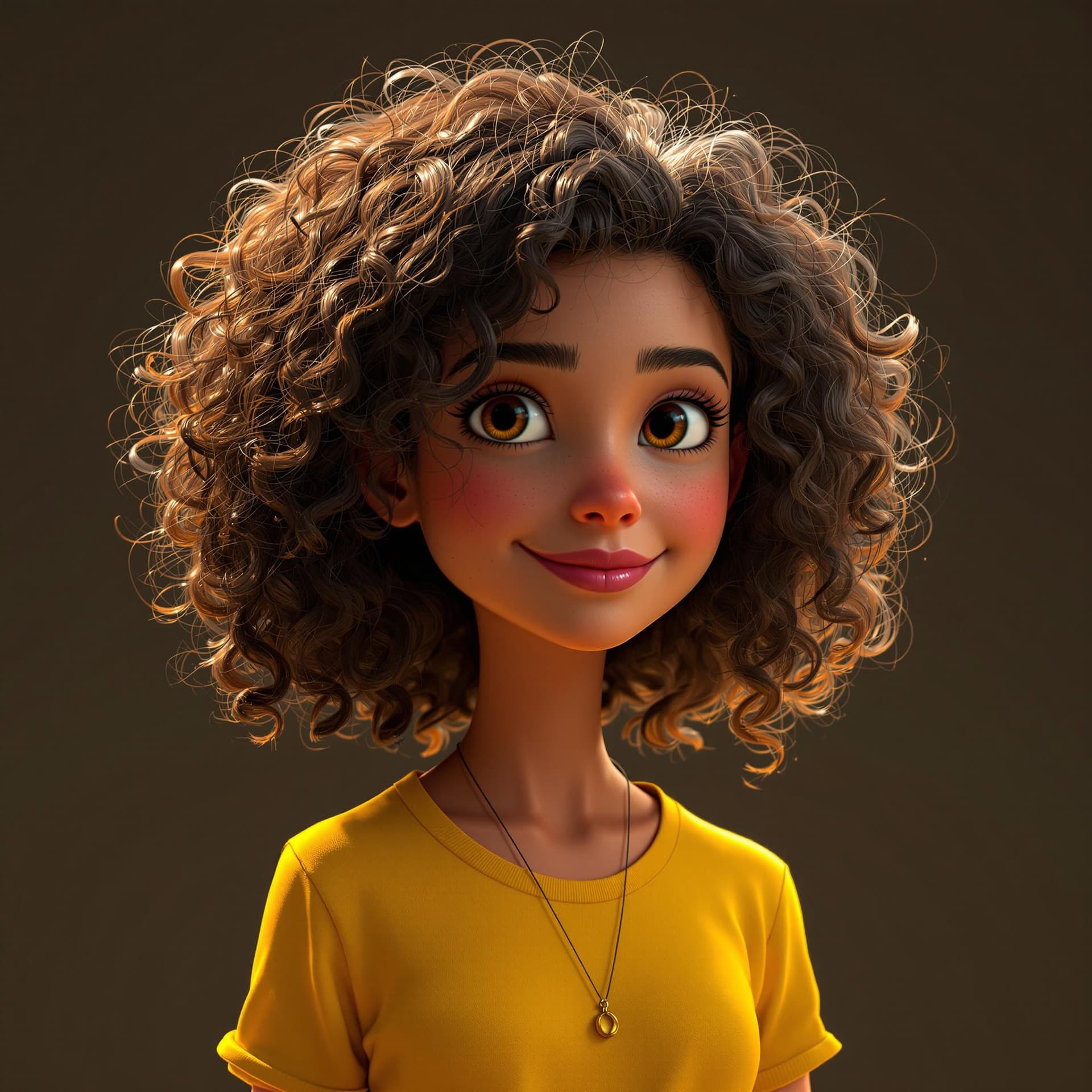 AI generated: a girl with curly hair and yellow shirt, in the style of rendered in cinema4d, charming characters, ...