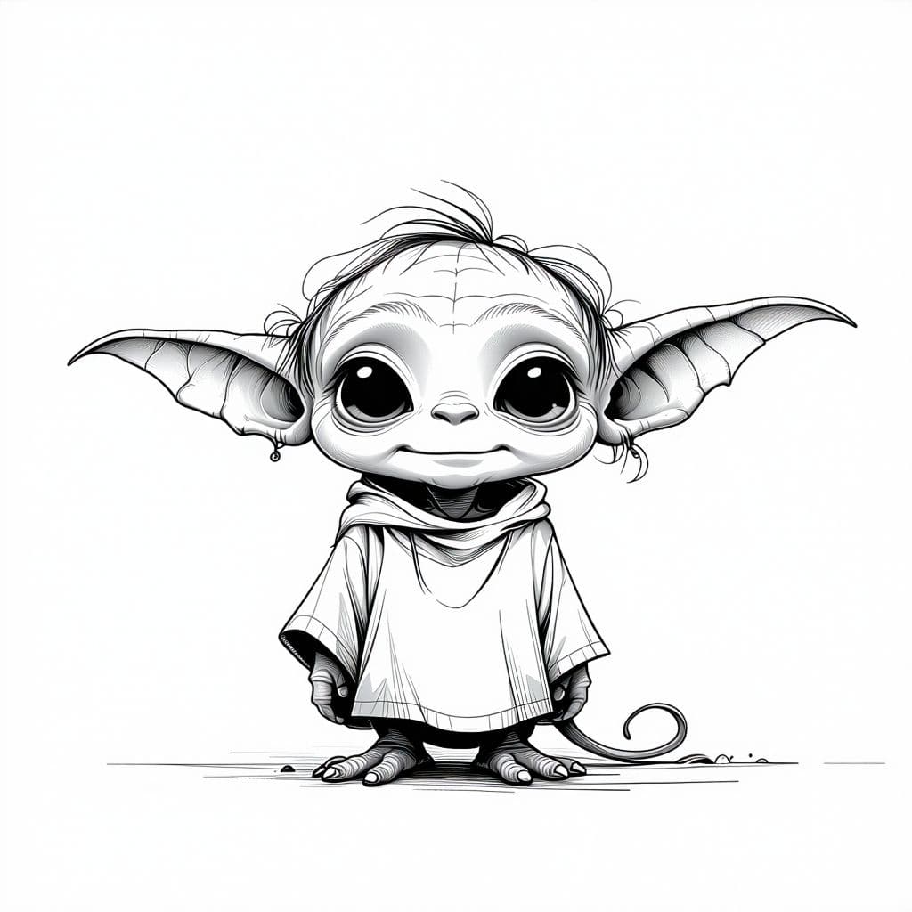 AI generated: A minimalist line drawing of a cute little goblin. Black lines on plain white background. T-shirt de...