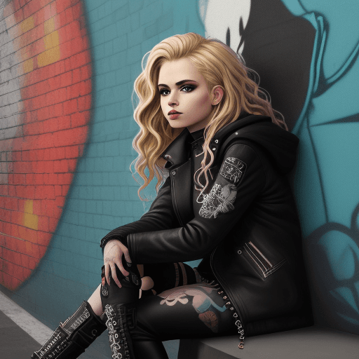 AI generated: Punk rebelliousness female sitting against a mural wall, wearing black coat, with blonde wavy hair, ...