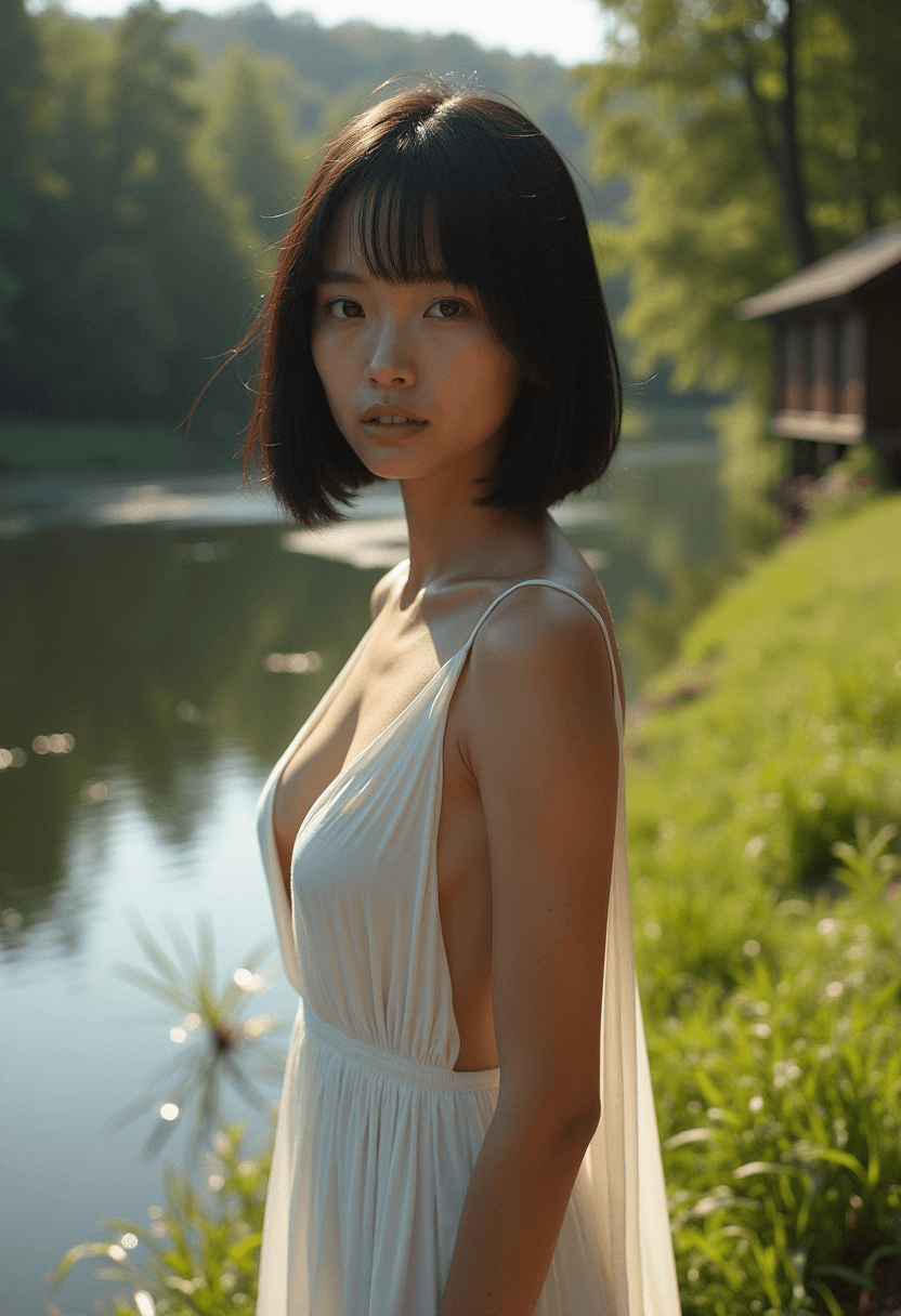 AI generated: extremely beautiful woman, dark perfect eyes, short straight black hair, standing alongside a calm r...