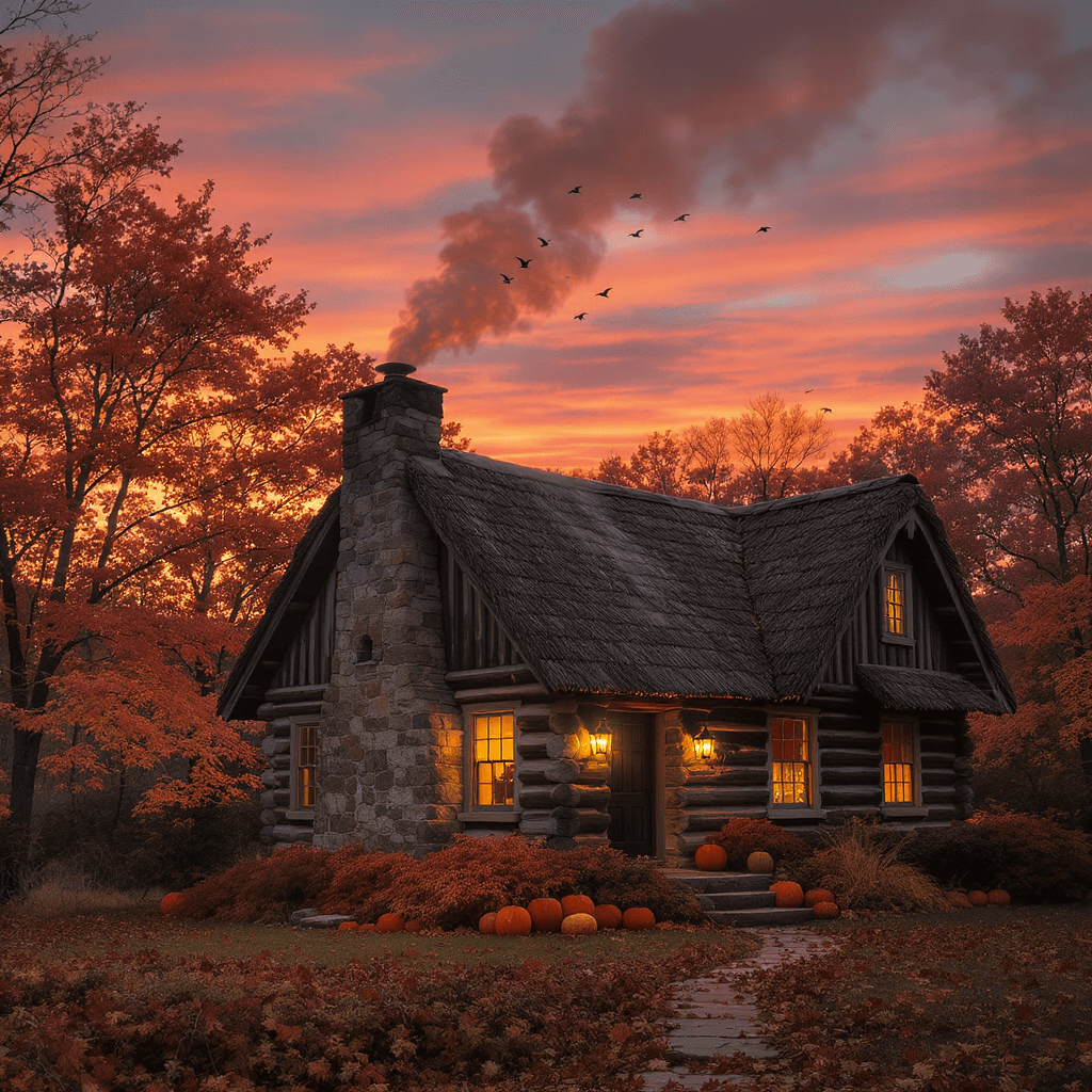 AI generated: Cottage in the Maple Woods — smoke rising from a stone chimney, pumpkins on the doorstep, geese flyi...