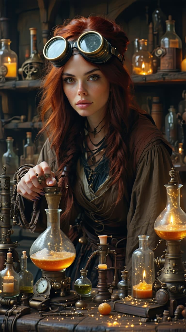 AI generated: The Time-Traveling Alchemist: A brilliant and resourceful scholar with long, dark auburn hair, often...