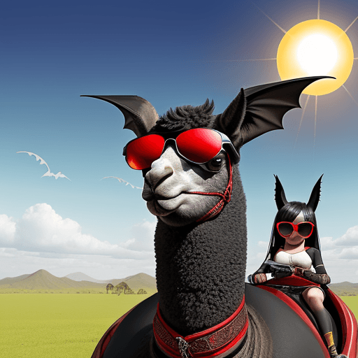 AI generated: a wise male black and red llama with cool sun sunglasses and a cute female bat riding on his head wi...