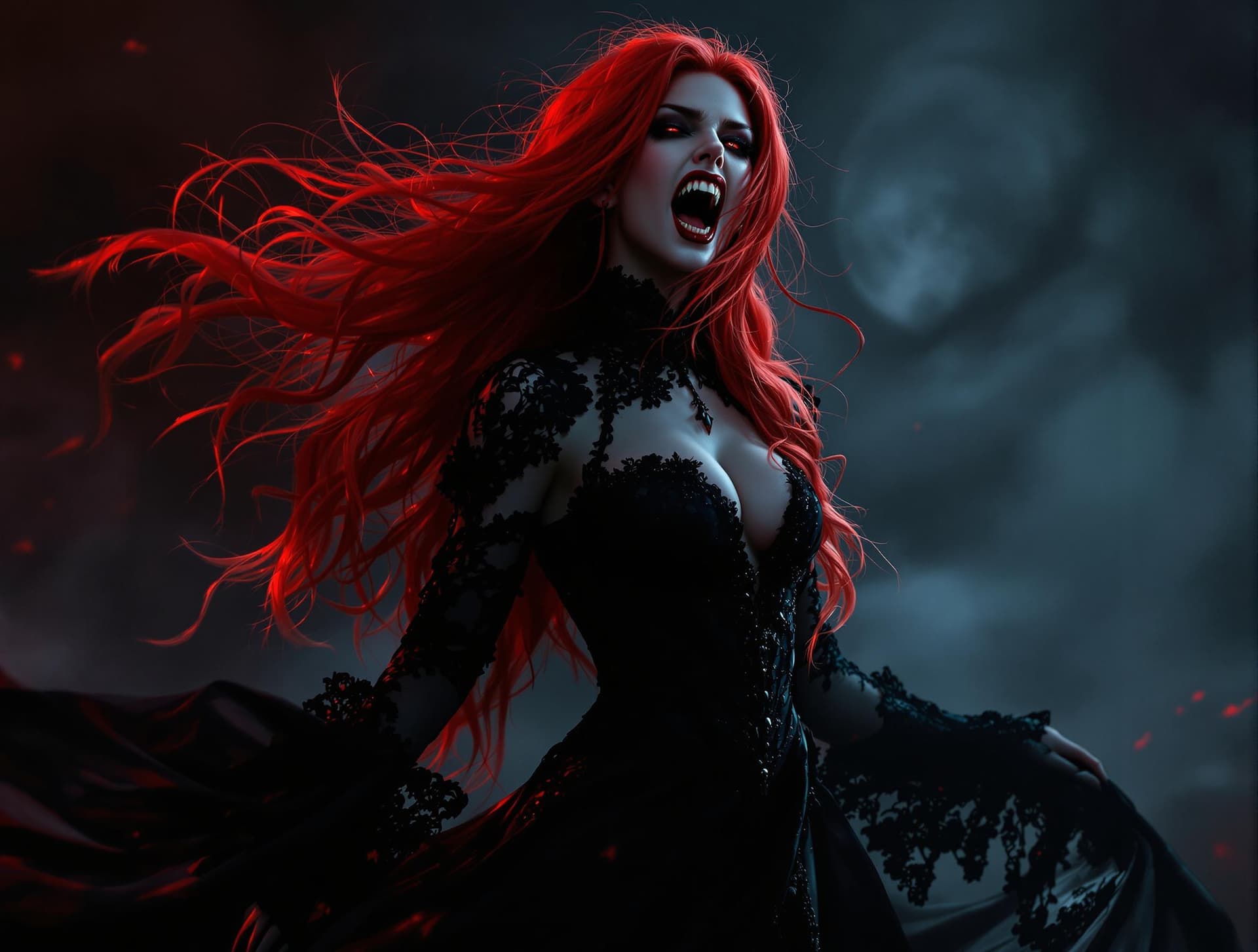 AI generated: female vampire, full body pose, long incisors bared, mouth open revealing fangs, dramatic black vict...