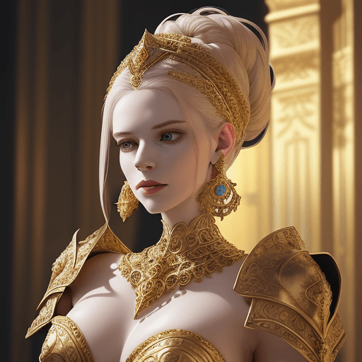 AI generated: A portrait of a woman wearing ornate golden armor and jewelry, including an elaborate headpiece and ...