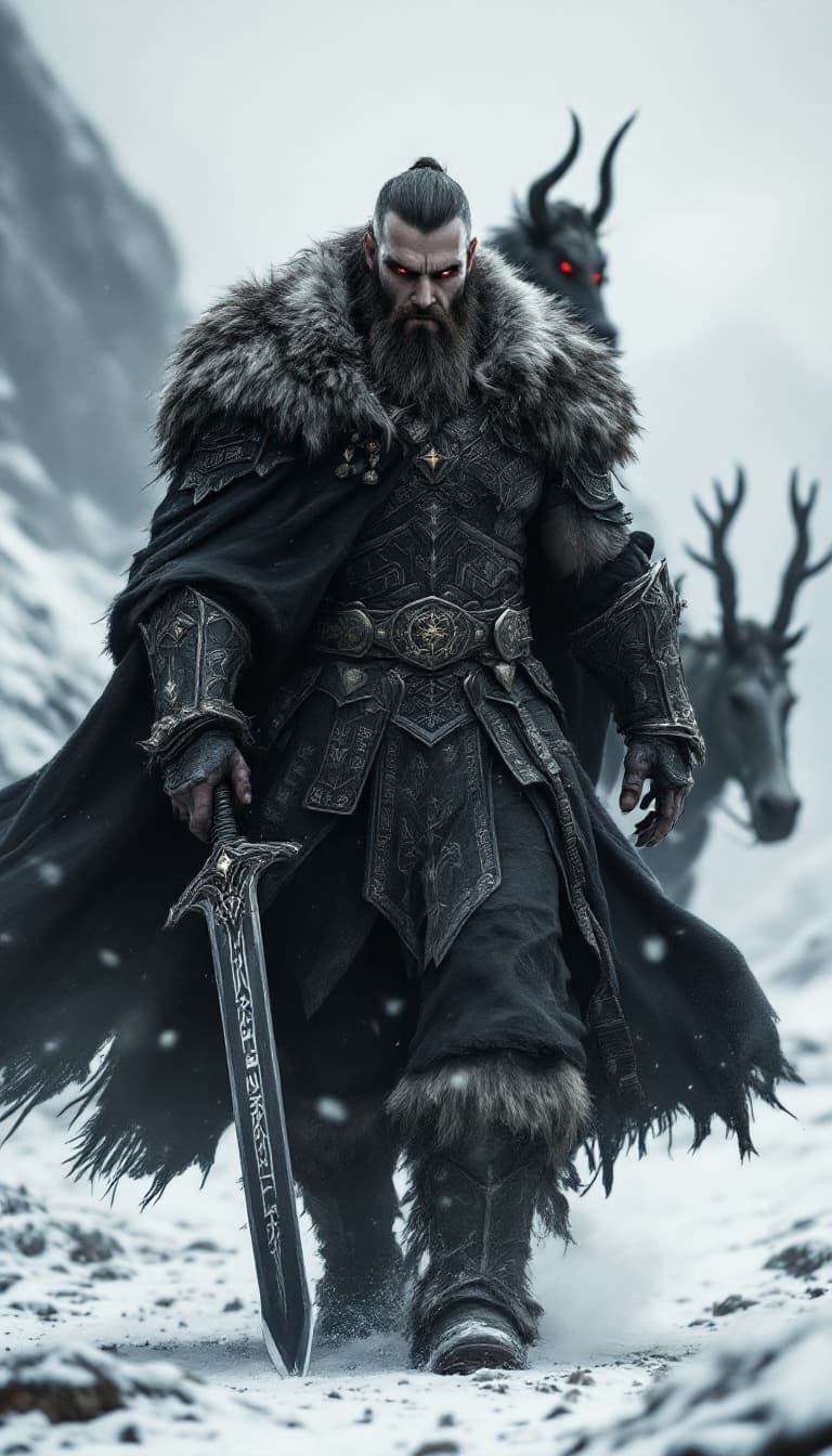 AI generated: An ultra-realistic, zoomed out, front facing full-body portrait of a towering Berserker, his fur-lin...