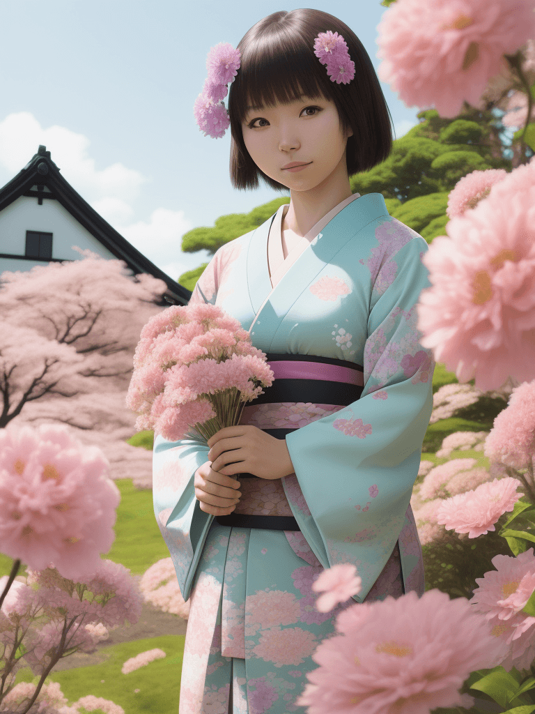 AI generated: a photo taken with a 16mm wide-angle lens, showing a young Japanese woman with flowers on a sunny da...