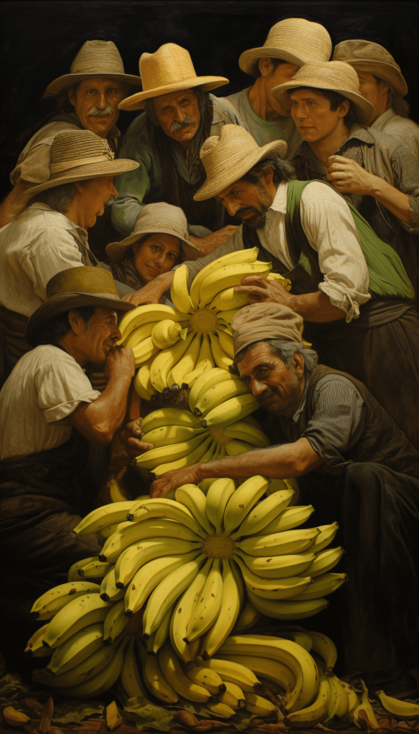 AI generated: Mexican people harvesting bananas, in the style of Diego Rivera and Emil Melmoth. --v 5.2 --ar 57:10