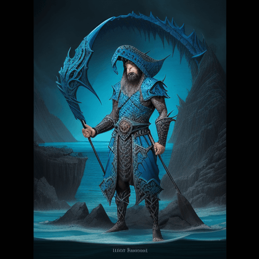 AI generated: a fisherman in his blue sea, in the style of dark fantasy creatures, kushan empire, devilcore, intri...