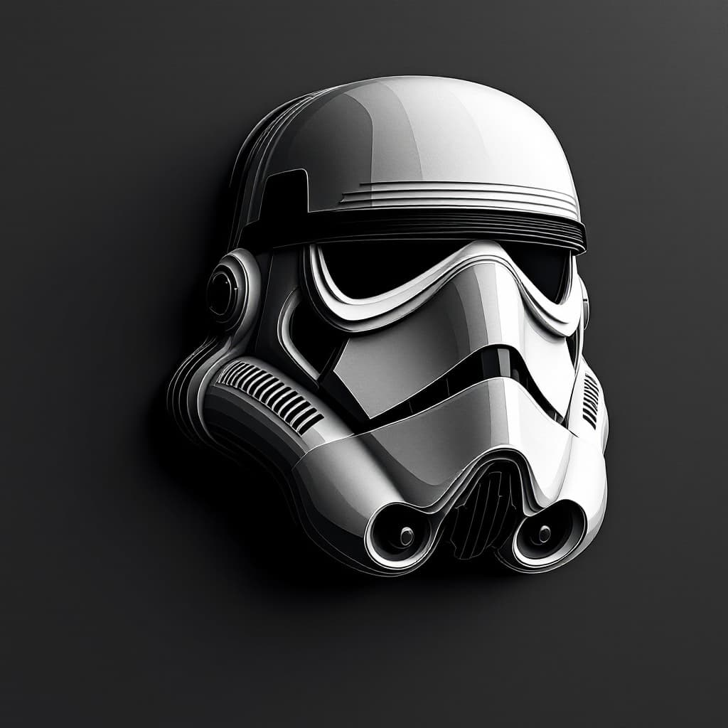 AI generated: Layered, grayscale Star Wars Stormtrooper helmet,  paper-cut style.  Multi-layered, layered-papercut...