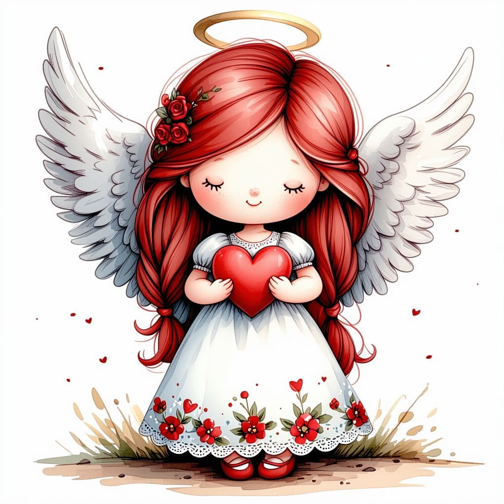 AI generated: A small, cute angel with red hair, wings, and a halo. She holds a heart and wears a flowered dress,a...