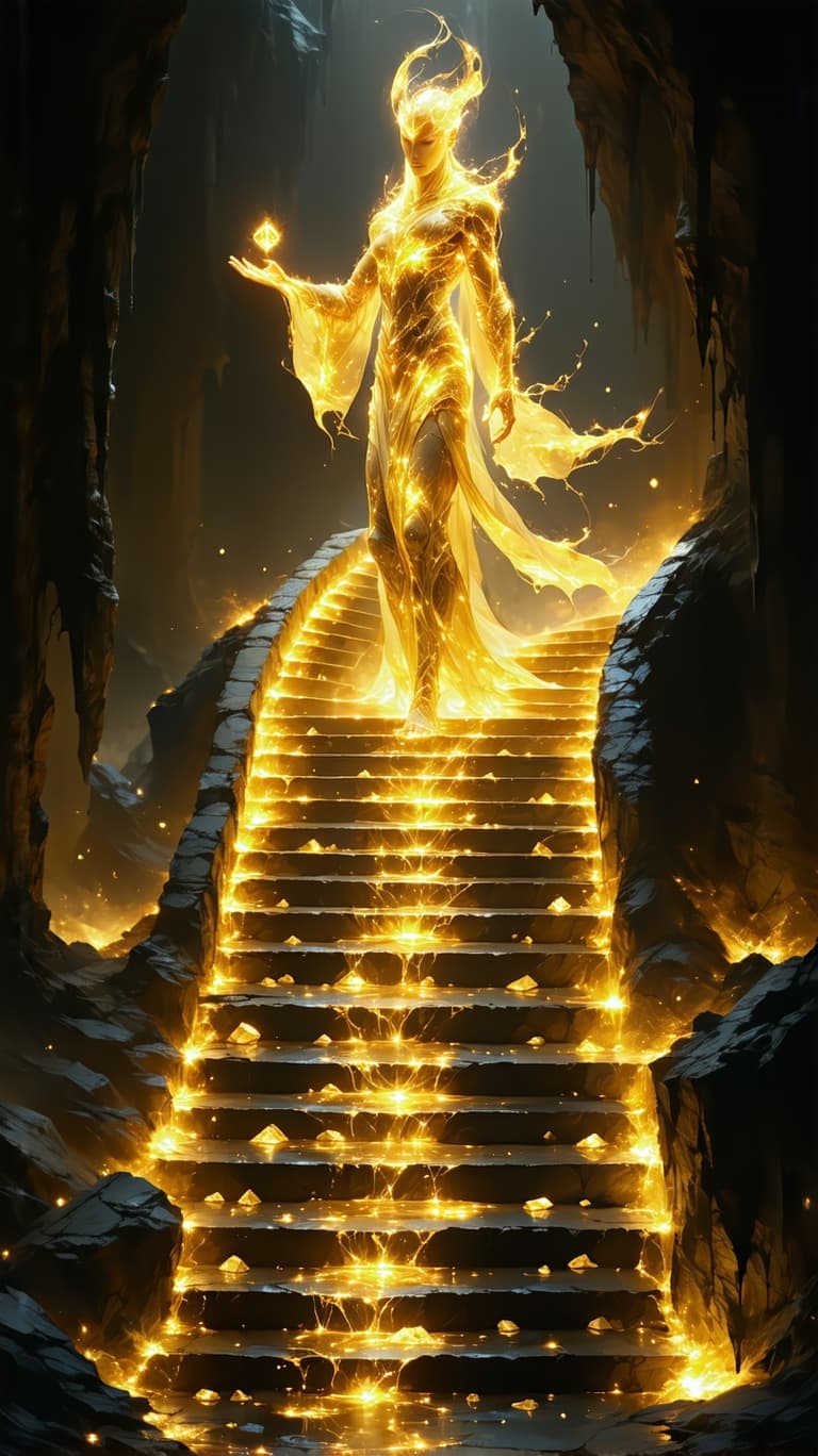 AI generated: A luminous golden guardian, their form woven from celestial silk and cosmic energy, stands atop a le...