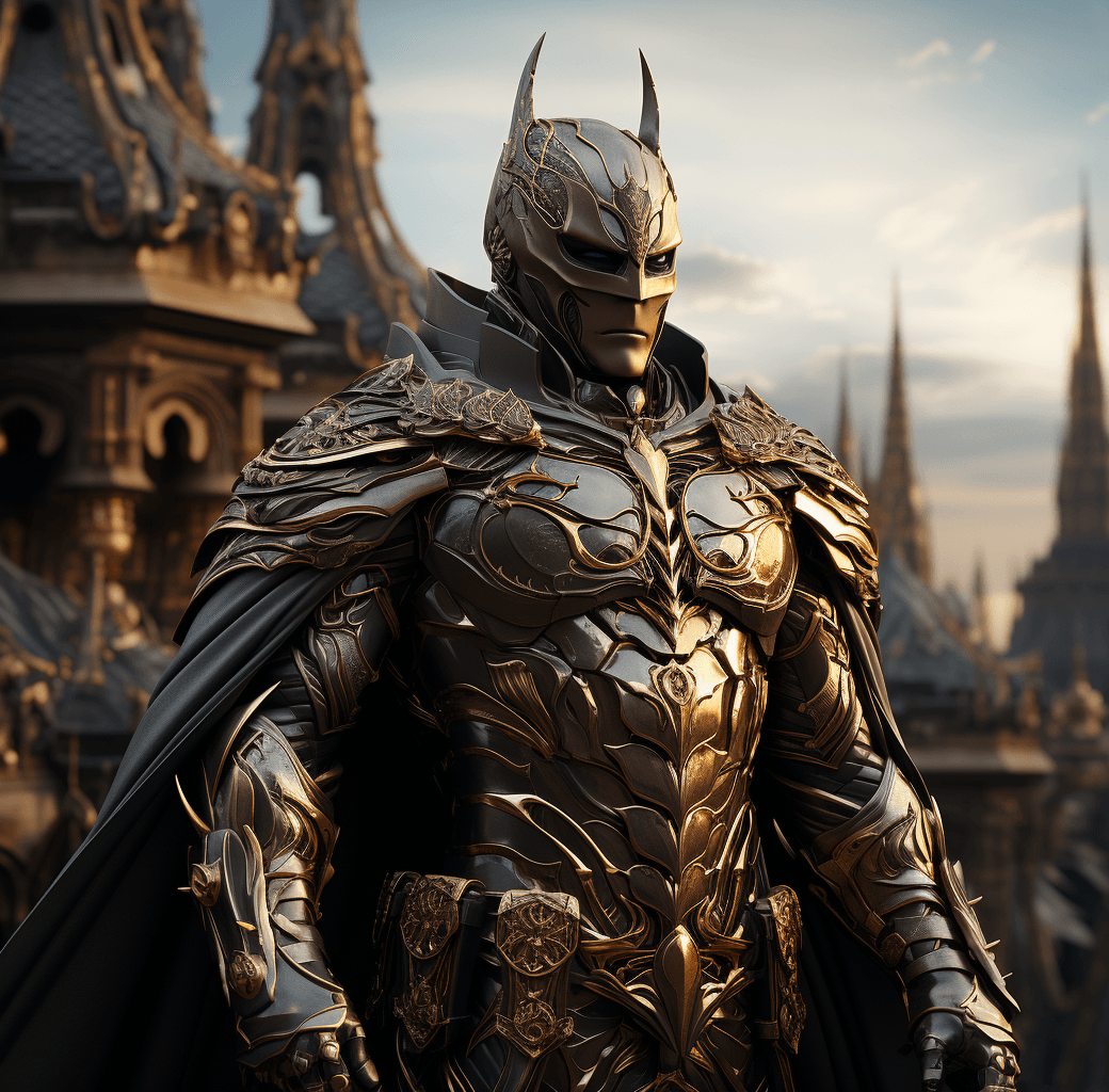 AI generated: a batman statue in golden and silver costume, in the style of max rive, ornate details, zbrush, dark...