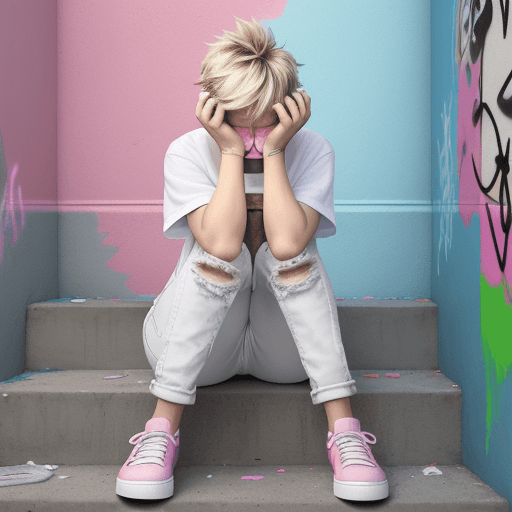 AI generated: graffiti style A [woman:ellen degeneres:0.23] sits on a set of stairs with her legs curled up and he...