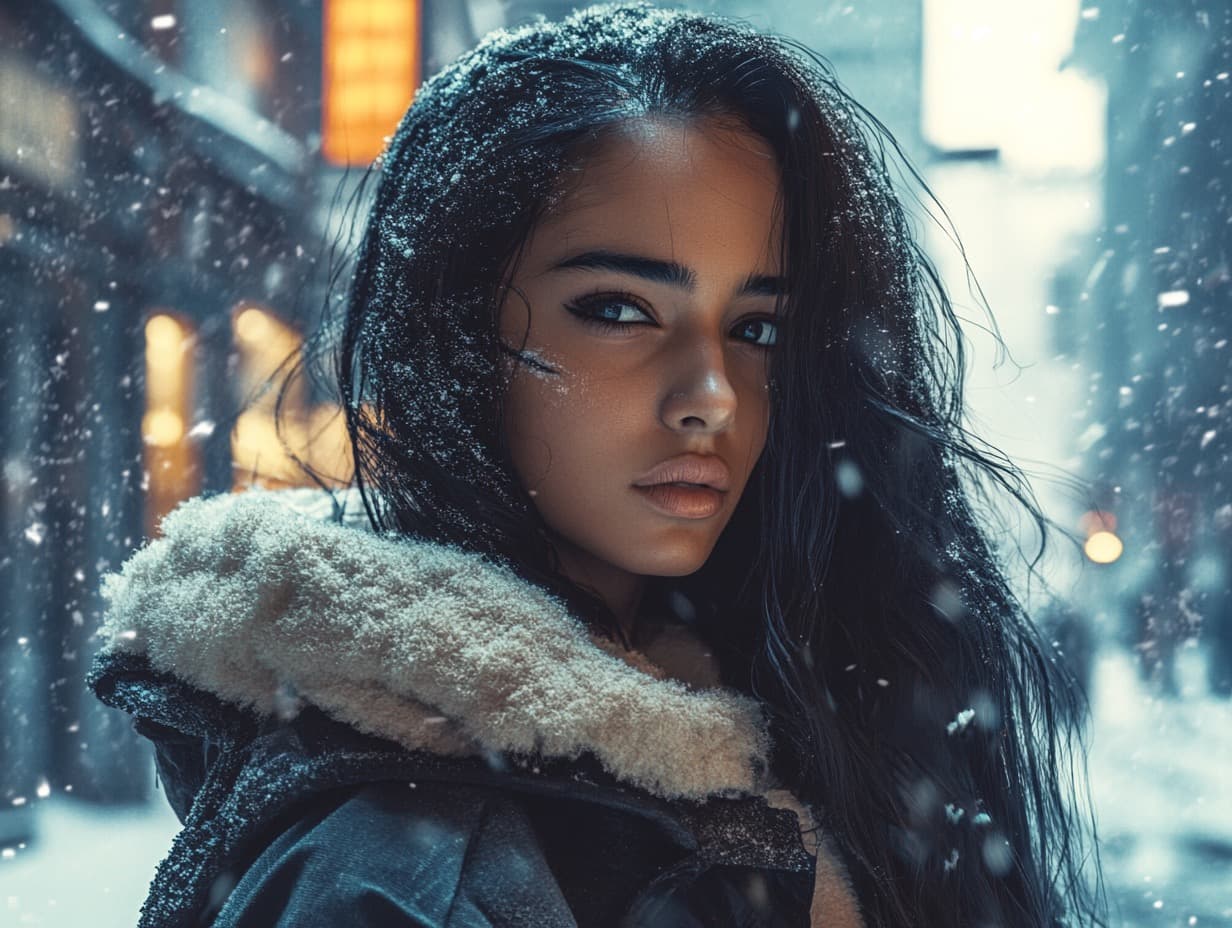 AI generated: model with long hair, hyper real , cyberpunk style, The shot is set in a snowy, post-apocalyptic str...