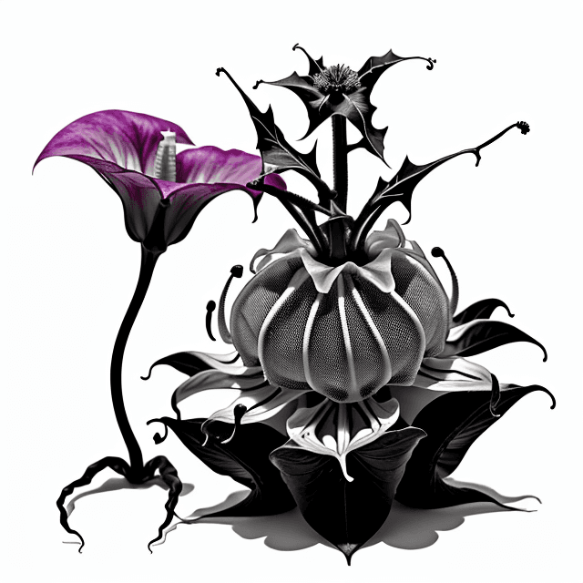 AI generated: datura flower with a huge  maggot on top of the flower ( must be seen easily ) , monochrome colors ,...