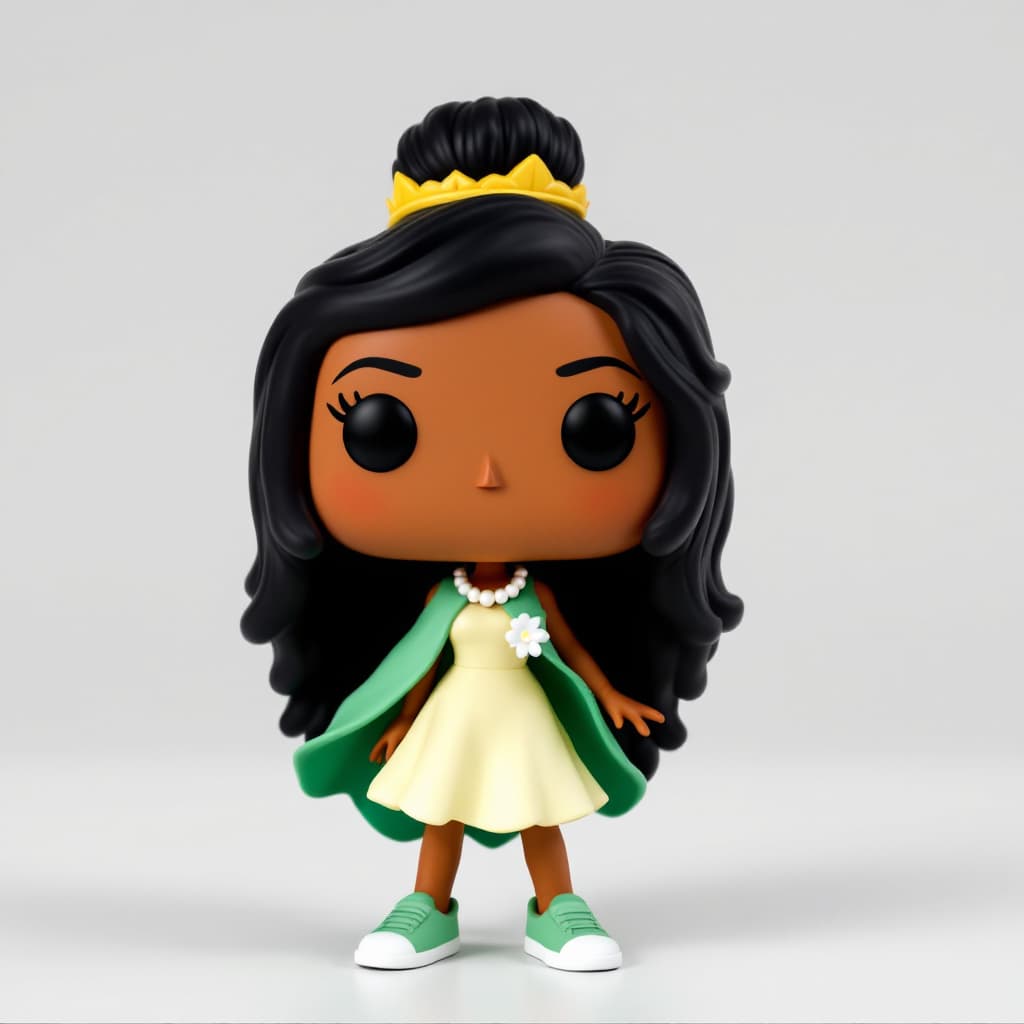 AI generated: Funko Pop Figure Description:

Hair: Long, colocho black hair, with a high bun and yellow crown. 

A...